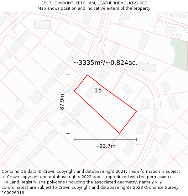 15, THE MOUNT, FETCHAM, LEATHERHEAD, KT22 9EB: Plot and title map