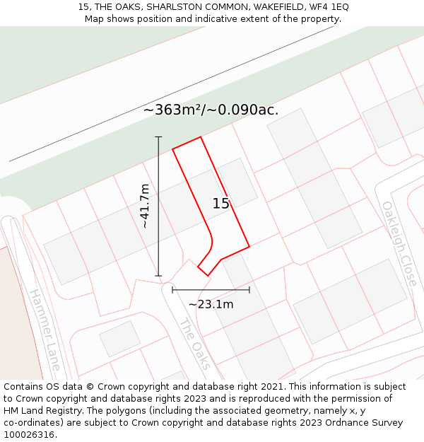 15, THE OAKS, SHARLSTON COMMON, WAKEFIELD, WF4 1EQ: Plot and title map