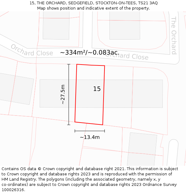 15, THE ORCHARD, SEDGEFIELD, STOCKTON-ON-TEES, TS21 3AQ: Plot and title map