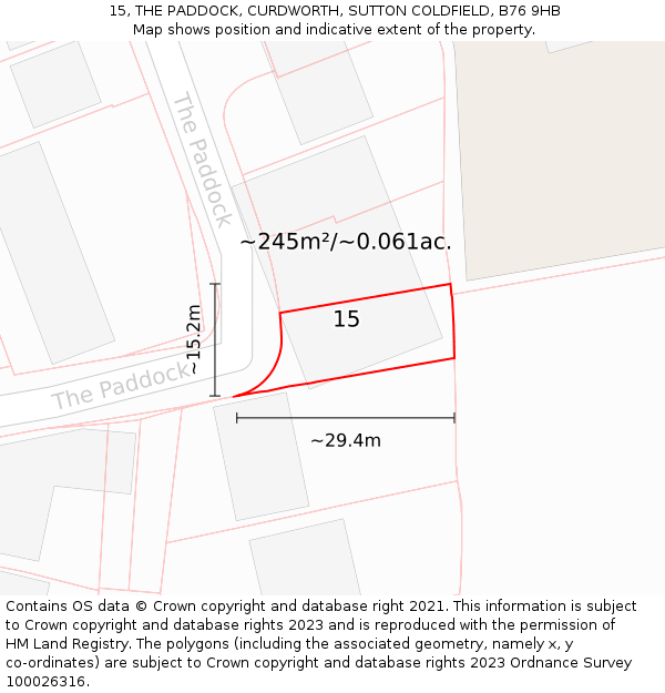 15, THE PADDOCK, CURDWORTH, SUTTON COLDFIELD, B76 9HB: Plot and title map