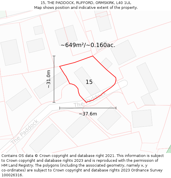 15, THE PADDOCK, RUFFORD, ORMSKIRK, L40 1UL: Plot and title map