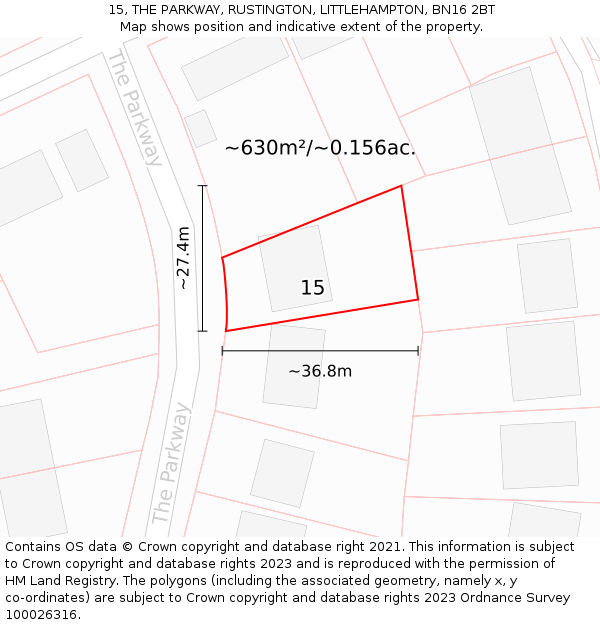 15, THE PARKWAY, RUSTINGTON, LITTLEHAMPTON, BN16 2BT: Plot and title map