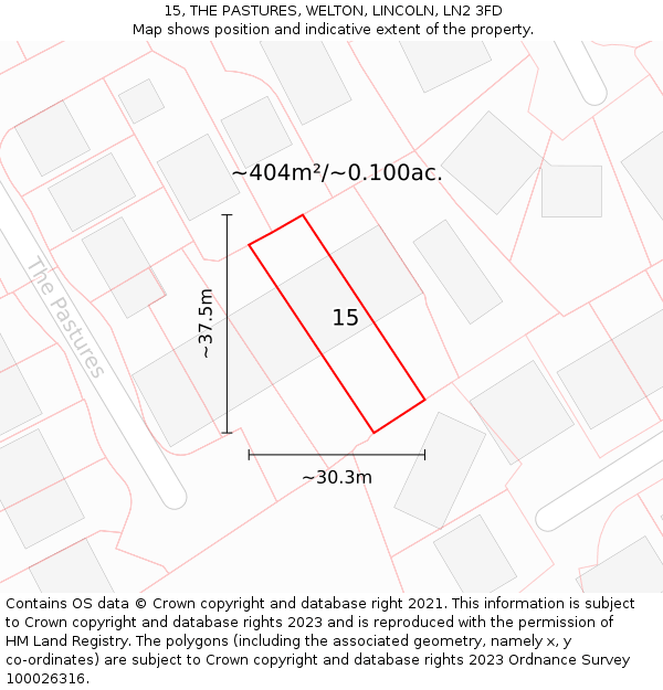 15, THE PASTURES, WELTON, LINCOLN, LN2 3FD: Plot and title map