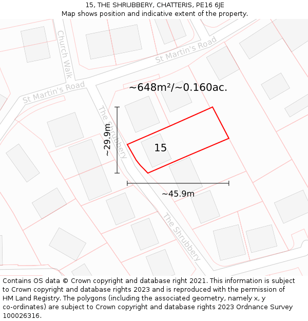 15, THE SHRUBBERY, CHATTERIS, PE16 6JE: Plot and title map