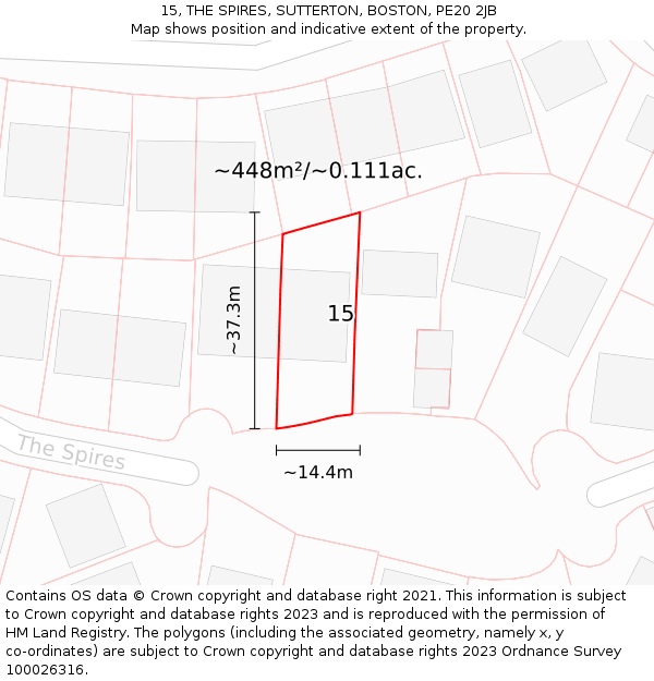15, THE SPIRES, SUTTERTON, BOSTON, PE20 2JB: Plot and title map