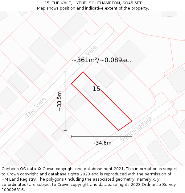 15, THE VALE, HYTHE, SOUTHAMPTON, SO45 5ET: Plot and title map