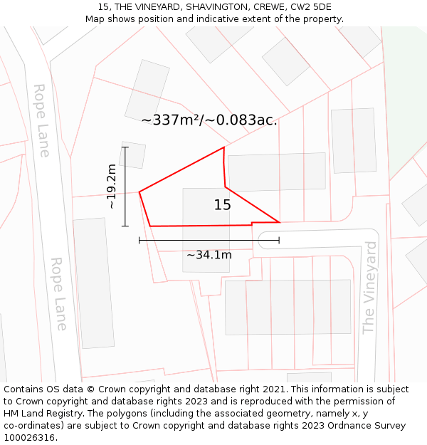 15, THE VINEYARD, SHAVINGTON, CREWE, CW2 5DE: Plot and title map