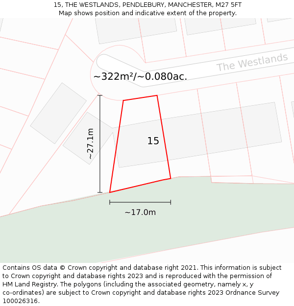 15, THE WESTLANDS, PENDLEBURY, MANCHESTER, M27 5FT: Plot and title map
