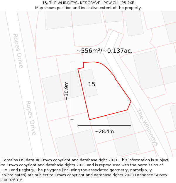 15, THE WHINNEYS, KESGRAVE, IPSWICH, IP5 2XR: Plot and title map