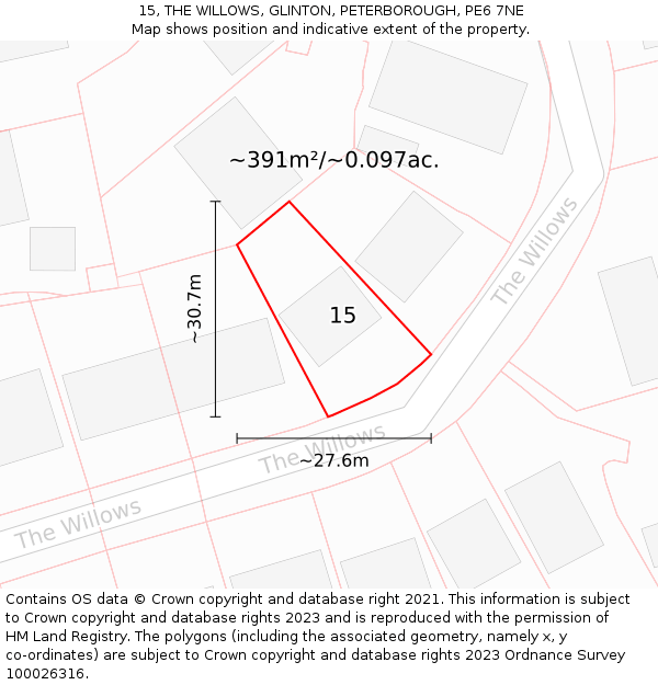 15, THE WILLOWS, GLINTON, PETERBOROUGH, PE6 7NE: Plot and title map