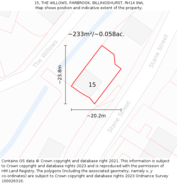 15, THE WILLOWS, PARBROOK, BILLINGSHURST, RH14 9WL: Plot and title map