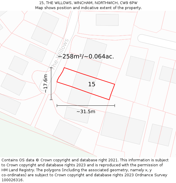15, THE WILLOWS, WINCHAM, NORTHWICH, CW9 6PW: Plot and title map