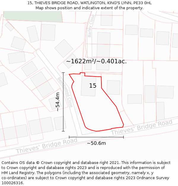 15, THIEVES BRIDGE ROAD, WATLINGTON, KING'S LYNN, PE33 0HL: Plot and title map