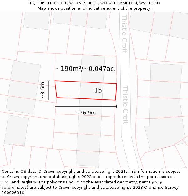 15, THISTLE CROFT, WEDNESFIELD, WOLVERHAMPTON, WV11 3XD: Plot and title map