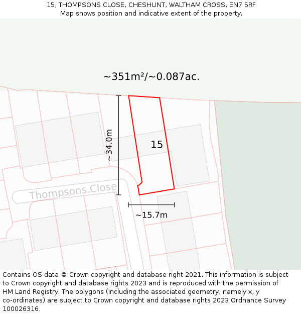 15, THOMPSONS CLOSE, CHESHUNT, WALTHAM CROSS, EN7 5RF: Plot and title map