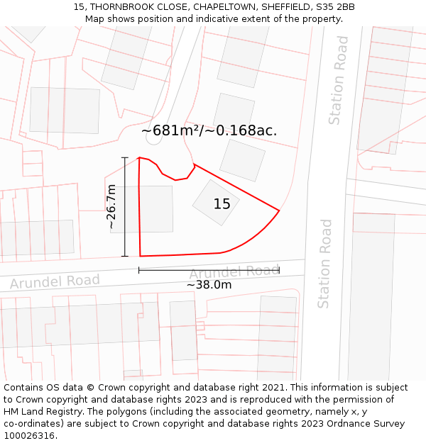 15, THORNBROOK CLOSE, CHAPELTOWN, SHEFFIELD, S35 2BB: Plot and title map