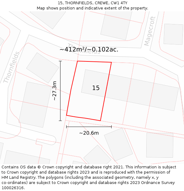 15, THORNFIELDS, CREWE, CW1 4TY: Plot and title map