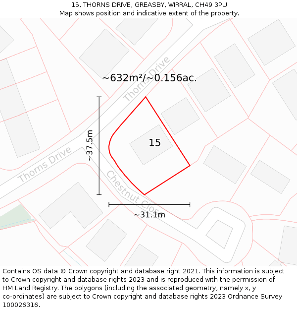 15, THORNS DRIVE, GREASBY, WIRRAL, CH49 3PU: Plot and title map