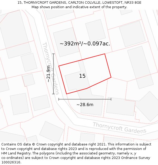 15, THORNYCROFT GARDENS, CARLTON COLVILLE, LOWESTOFT, NR33 8GE: Plot and title map