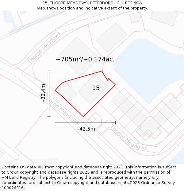 15, THORPE MEADOWS, PETERBOROUGH, PE3 6GA: Plot and title map