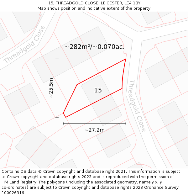 15, THREADGOLD CLOSE, LEICESTER, LE4 1BY: Plot and title map