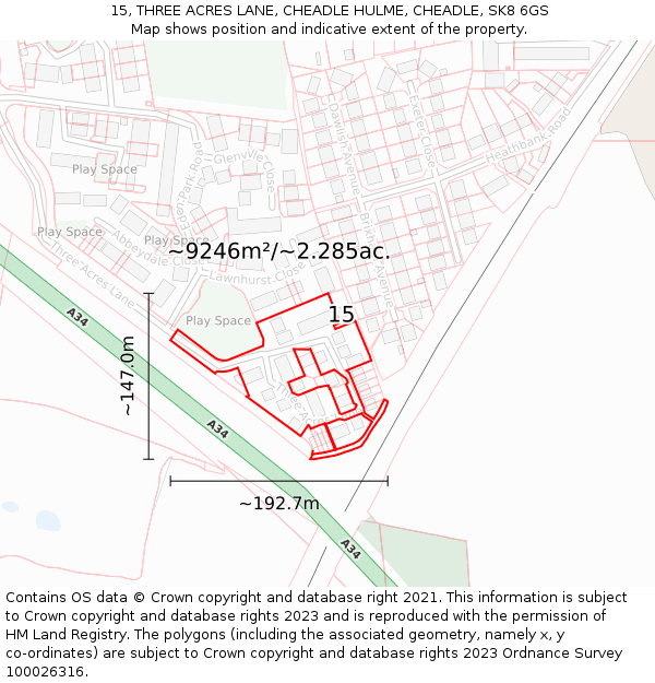 15, THREE ACRES LANE, CHEADLE HULME, CHEADLE, SK8 6GS: Plot and title map