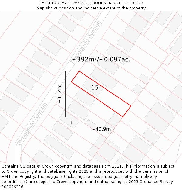 15, THROOPSIDE AVENUE, BOURNEMOUTH, BH9 3NR: Plot and title map