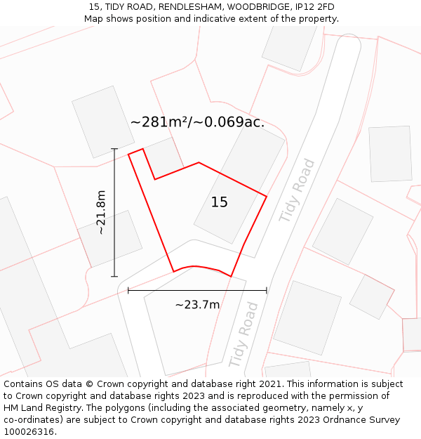 15, TIDY ROAD, RENDLESHAM, WOODBRIDGE, IP12 2FD: Plot and title map