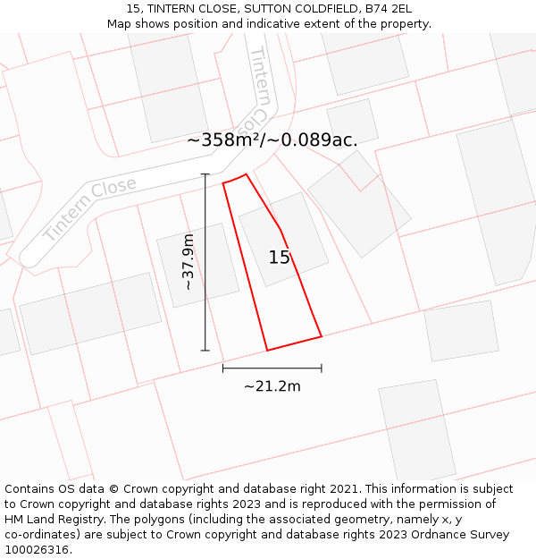 15, TINTERN CLOSE, SUTTON COLDFIELD, B74 2EL: Plot and title map