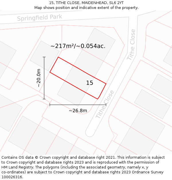 15, TITHE CLOSE, MAIDENHEAD, SL6 2YT: Plot and title map