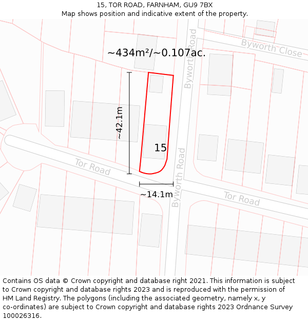15, TOR ROAD, FARNHAM, GU9 7BX: Plot and title map