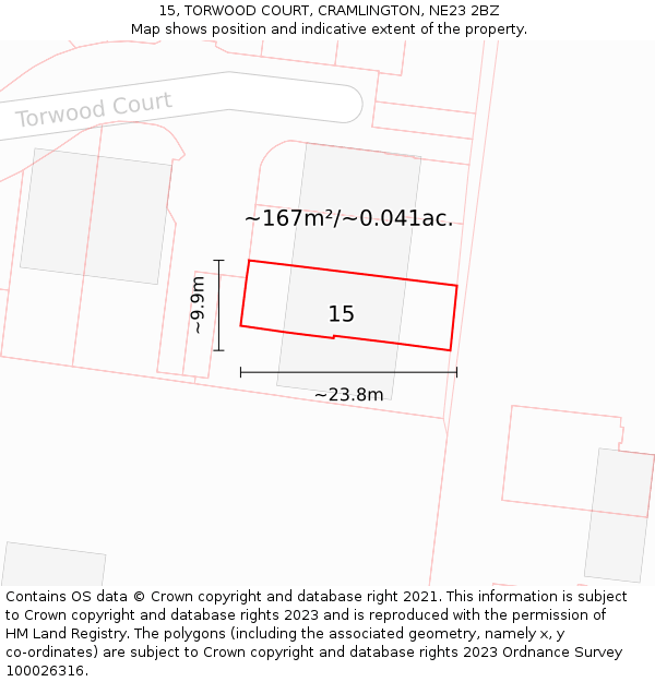 15, TORWOOD COURT, CRAMLINGTON, NE23 2BZ: Plot and title map
