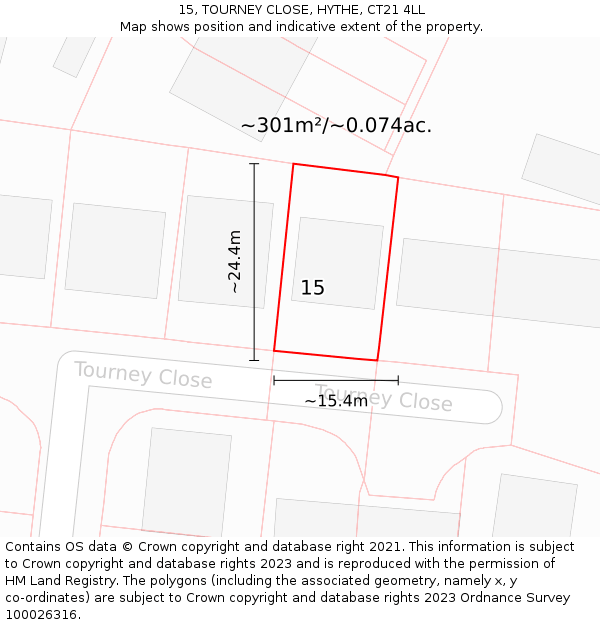 15, TOURNEY CLOSE, HYTHE, CT21 4LL: Plot and title map