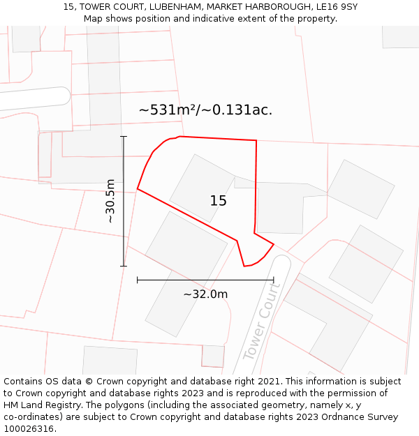 15, TOWER COURT, LUBENHAM, MARKET HARBOROUGH, LE16 9SY: Plot and title map