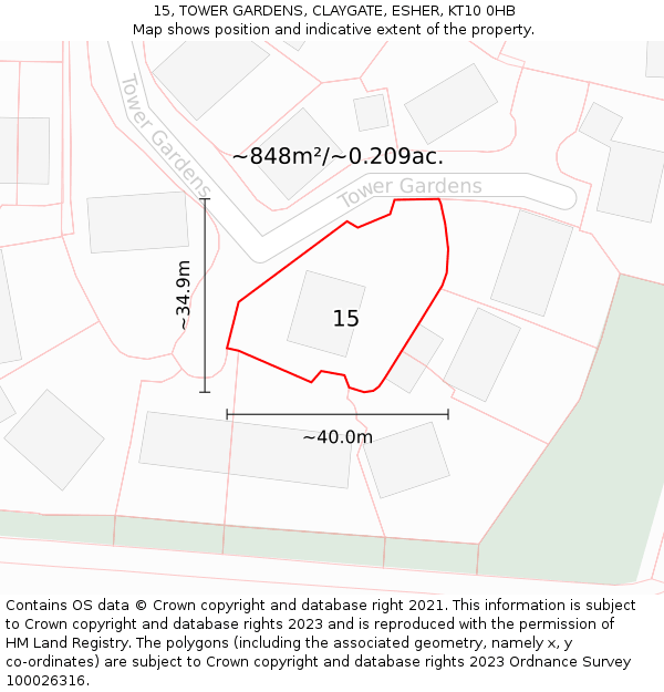 15, TOWER GARDENS, CLAYGATE, ESHER, KT10 0HB: Plot and title map