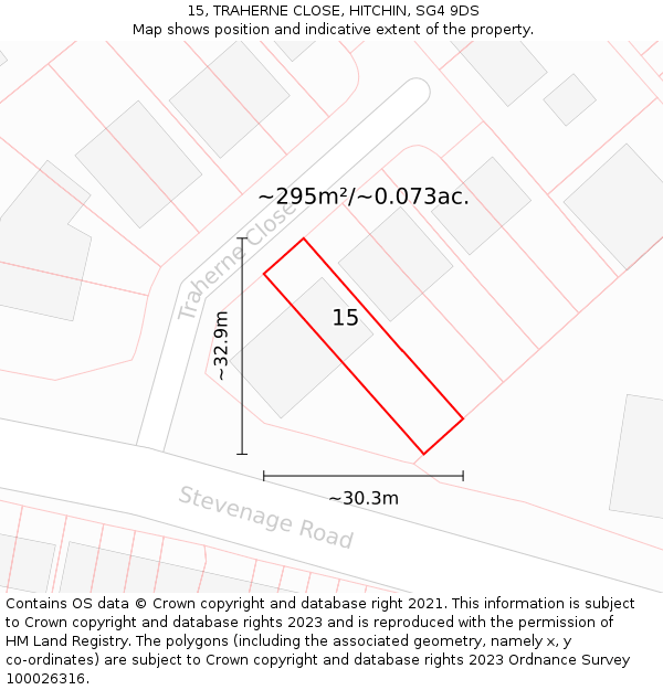 15, TRAHERNE CLOSE, HITCHIN, SG4 9DS: Plot and title map