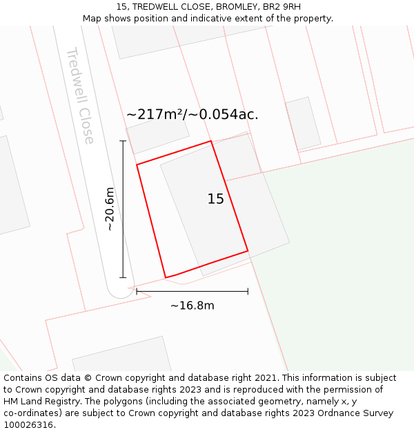 15, TREDWELL CLOSE, BROMLEY, BR2 9RH: Plot and title map