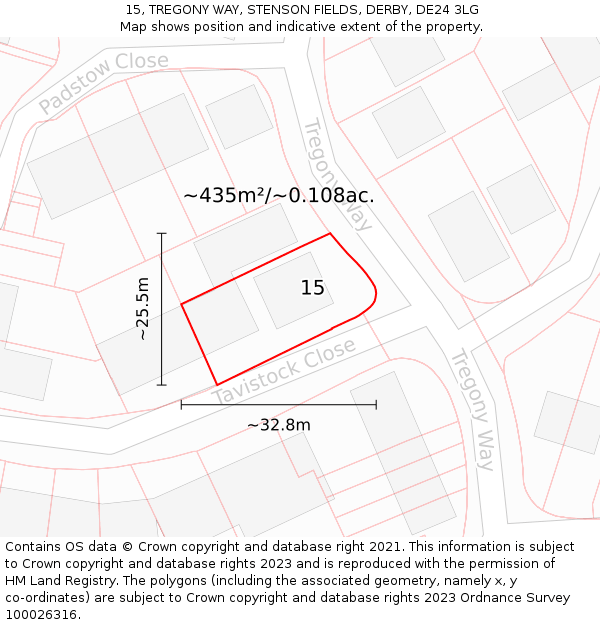 15, TREGONY WAY, STENSON FIELDS, DERBY, DE24 3LG: Plot and title map