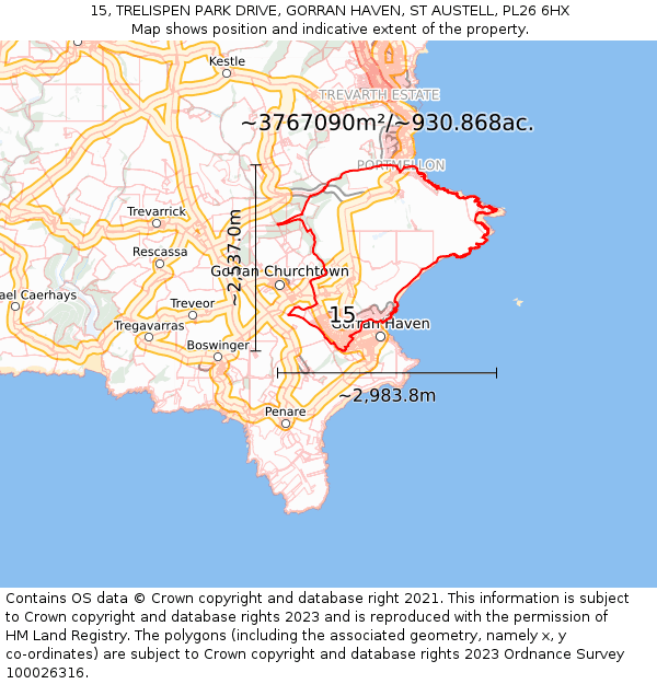 15, TRELISPEN PARK DRIVE, GORRAN HAVEN, ST AUSTELL, PL26 6HX: Plot and title map