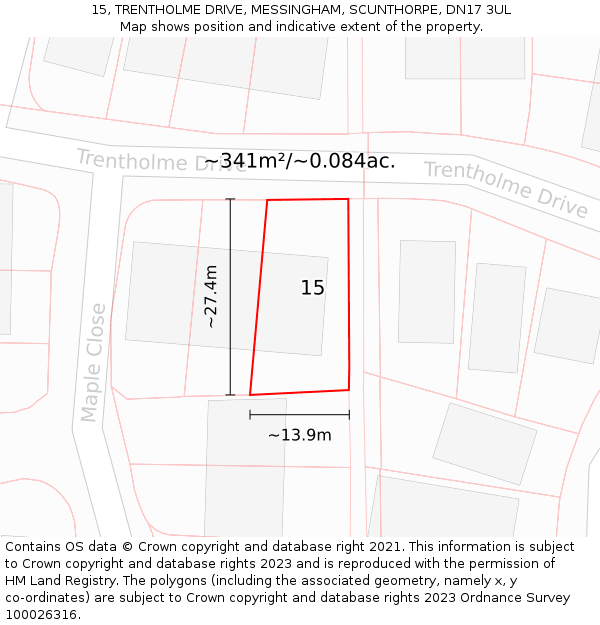 15, TRENTHOLME DRIVE, MESSINGHAM, SCUNTHORPE, DN17 3UL: Plot and title map