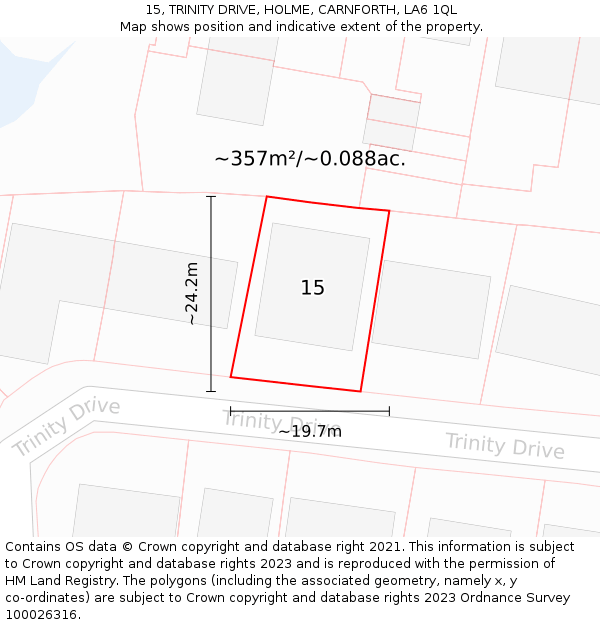 15, TRINITY DRIVE, HOLME, CARNFORTH, LA6 1QL: Plot and title map