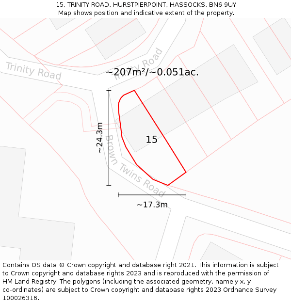 15, TRINITY ROAD, HURSTPIERPOINT, HASSOCKS, BN6 9UY: Plot and title map
