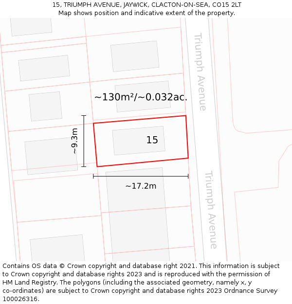15, TRIUMPH AVENUE, JAYWICK, CLACTON-ON-SEA, CO15 2LT: Plot and title map