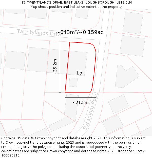 15, TWENTYLANDS DRIVE, EAST LEAKE, LOUGHBOROUGH, LE12 6LH: Plot and title map