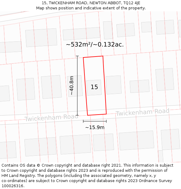 15, TWICKENHAM ROAD, NEWTON ABBOT, TQ12 4JE: Plot and title map