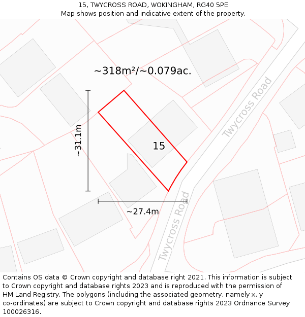 15, TWYCROSS ROAD, WOKINGHAM, RG40 5PE: Plot and title map