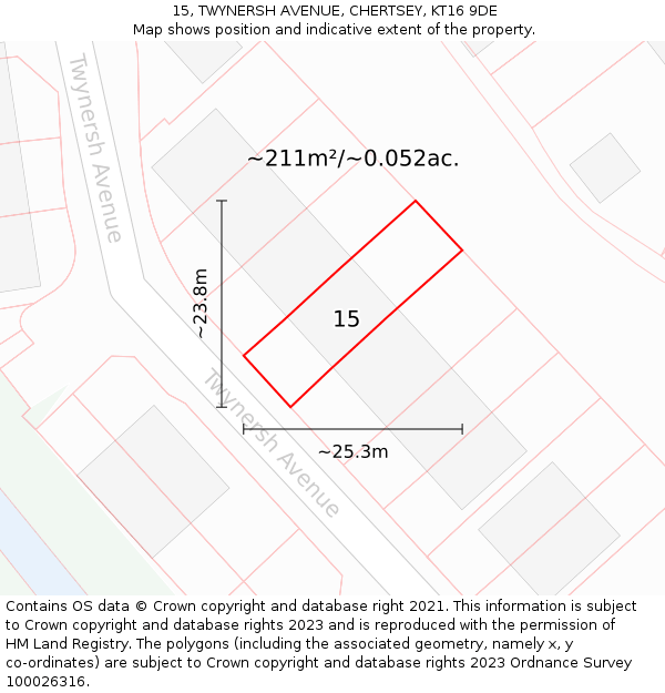 15, TWYNERSH AVENUE, CHERTSEY, KT16 9DE: Plot and title map