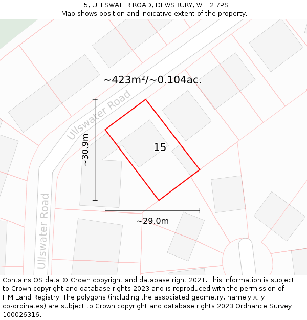 15, ULLSWATER ROAD, DEWSBURY, WF12 7PS: Plot and title map