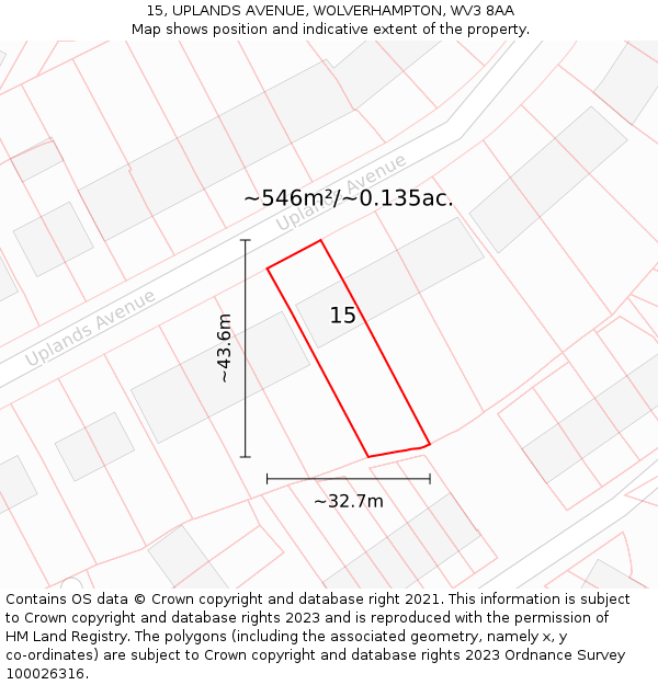 15, UPLANDS AVENUE, WOLVERHAMPTON, WV3 8AA: Plot and title map