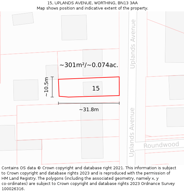 15, UPLANDS AVENUE, WORTHING, BN13 3AA: Plot and title map